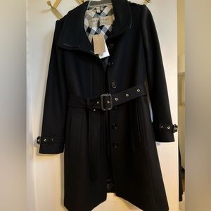 Black Burberry long belted coat US size 4 New with tags